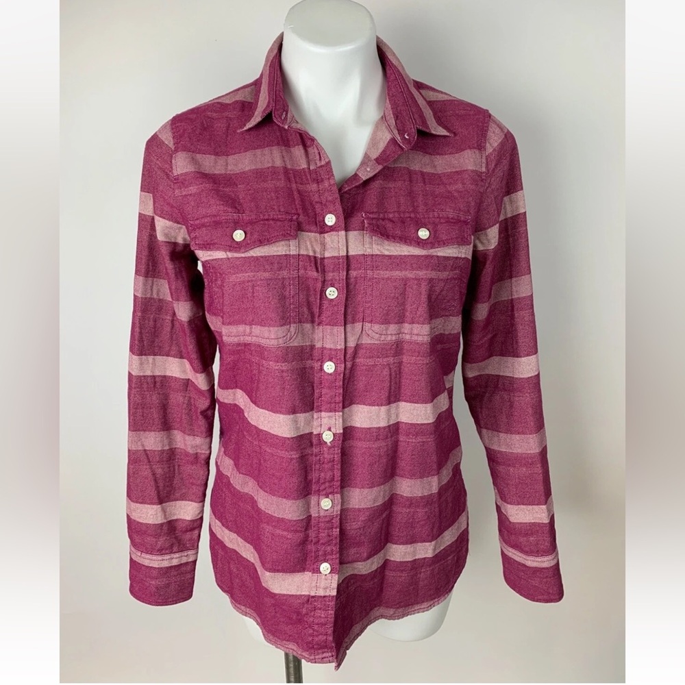 J. Crew Maroon and Pink Striped Flannel Button Down Shirt Size Small Petite